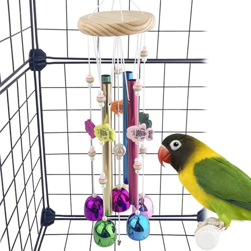 FlidRunest Bird Chewing Toys with Colorful Bells, Conure Wind Chimes Chew Toy with Colorful Stick, Bird Parrot Cage Hanging Bells Toys for Conure, Budgie, Parakeet, Cockatiel, Lovebird - style: Metal