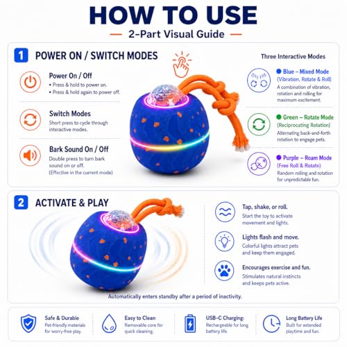 Smart Interactive Dog Ball, Automatic Rolling with LED Glow, E-TPU Dog Ball, Toy for Dog - color: Blue