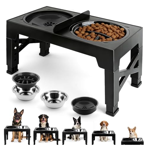 4-in-1 Elevated Dog Bowl Stand with Slow Feeder, 5 Adjustable Heights
