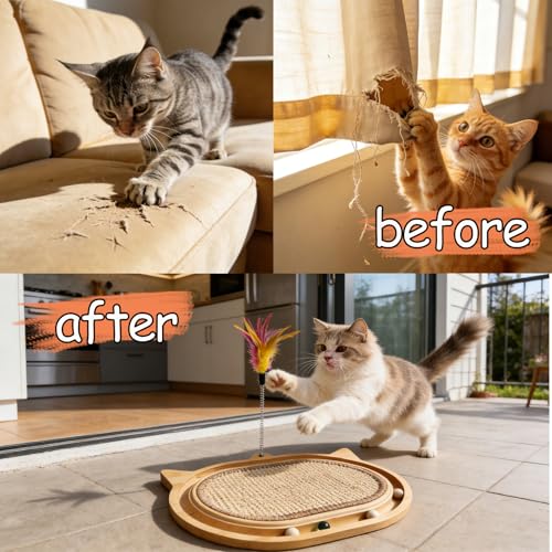 Cat Scratcher with Ball Track Feather,Sisal Scratch Pad for Cat Indoor Use,Cat Puzzle Toys Wooden Interactive Fit Kitten and Adult Cats,Indoor Entertainment Chasing Hunting Physical Exercise