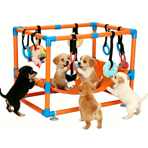 Orange Puppy Play Gym with 8 Hanging Toys - color: Orange, size: 22.28x16.65x17.71in
