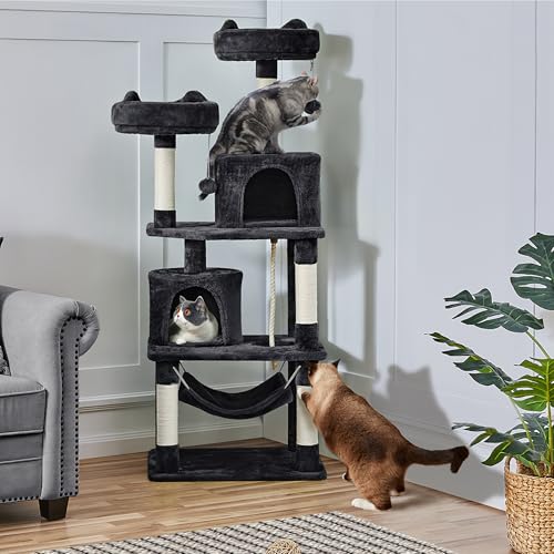 Topeakmart 62.2 inches Cat Tree, Cat Tower w/Double Condos, Scratching Posts & Hammock, Cat Activity Tree Kitten Play House, Black - color: Black, size: 24"L x 19"W x 62"H