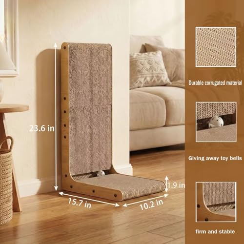 L-Shaped Cat Scratcher, 23.6in Vertical & Horizontal Cardboard Scratching Board with Solid Wood Frame, Stable Furniture Protector for Indoor Cats, Includes Toy Ball