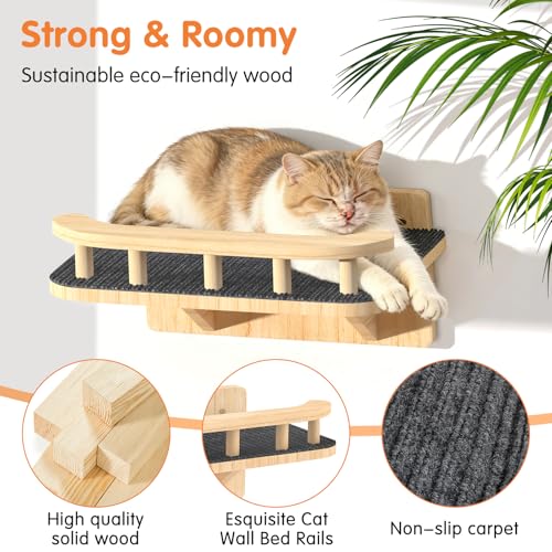 Cat Wall Shelves with 3 Steps, Floating Cat Shelves for Wall with Wide Perch, Modern Wood Wall Mounted Furniture up to 15lbs, Climber Shelf for Small/Medium Cats Sleeping,Jumping, Playing - size: Rectangular