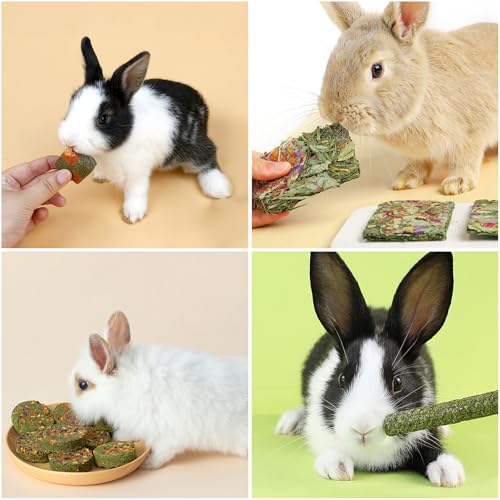 Fhiny Rabbit Chew Toys, 33 PCS Natural Guinea Pig Chew Toys for Teeth Handmade Small Animal Timothy Molar Sticks & Cakes Bunny Snacks Hamster Treats for Guinea Pig Bunny Chinchilla Hamster Gerbil