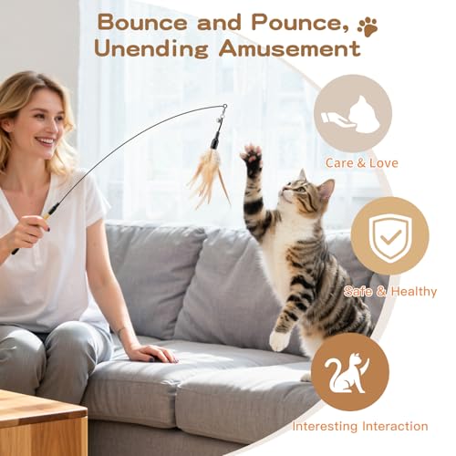 Pawaboo Cat Feather Wand Interactive Toy, 2 Feathers + 1 Wand with Bell - color: A-Brown