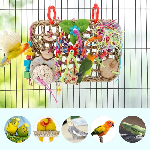 Hypeety Bird Toys Parrot Foraging Toys Bird Chew Toys Parakeet Shredding Seagrass Climbing Mat with Various Toys for Conure, Cockatiel, Lovebird, Parakeet, Budgie (M(Solla Ball)) - color: M(Solla Ball)