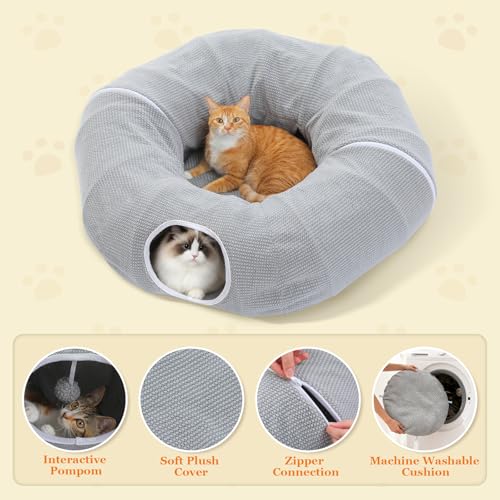 PEQULTI Grey Donut Cat Tunnel Bed Washable Plush Mat Multi for Small Pets - color: New Gray