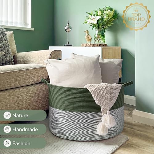 INDRESSME XXXLarge Woven Rope Blanket Basket Living Room Green, 90L - color: Green & White, size: 21.7"D x 13.8"H