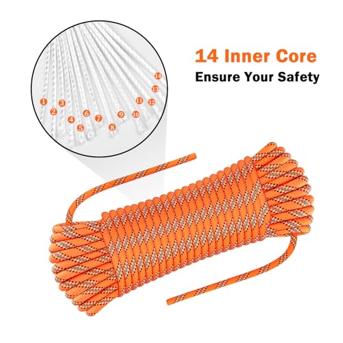 AOLEBA 8.5mm Static Climbing Rope, Outdoor Rock Climbing Ropes, Heavy Duty Rappelling Rope for Fire Rescue, Escape, 10M(32Ft) 20M(64Ft) 30M(96Ft) Ice Climbing Equipment & Parachute Accessories - color: Orange, size: 32FT