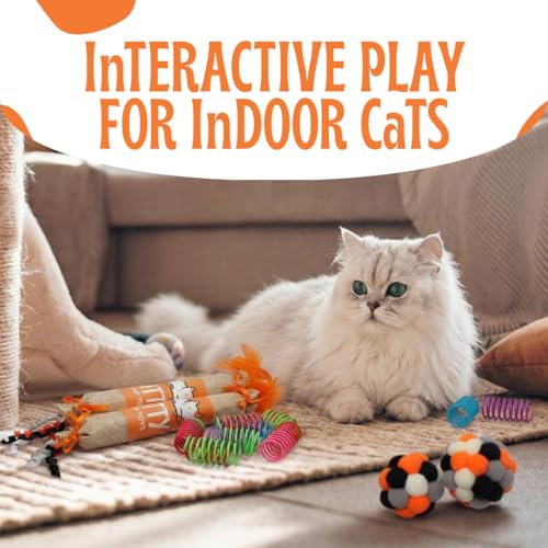 Kruncher Set, 34 to 44 Piece Interactive Cat Toy, Variety Pack Includes 2 Burlap Crinkle Kicker Toys with Feathers 30 Durable Cat Springs and 2 Soft Plush Pom Poms for Indoor Cats.
