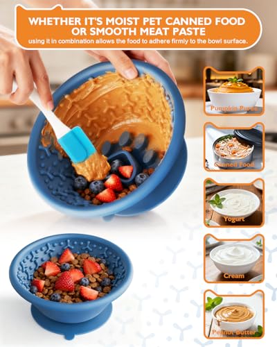Dog Lick Bowl, Non-Slip Slow Feeder Licking Mat & Treat Dispenser (Wide Bowl Mouth w/Inlaid Stainless Steel Ring) - Interactive Toys, Anxiety Reducer, Freeze Bone for Dogs, BPA Free Silicone(Blue) - color: blue