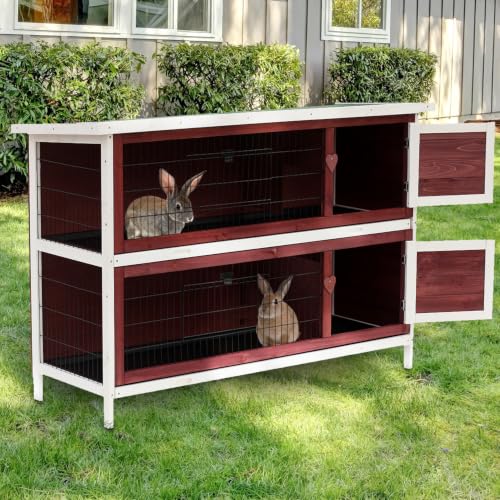 PawHut 54" 2-Story Rabbit Hutch Bunny Cage with Openable Roof, No Leak Tray and Fun Enclosed Run, for Rabbits, Chickens, Ducks, Indoor/Outdoor
