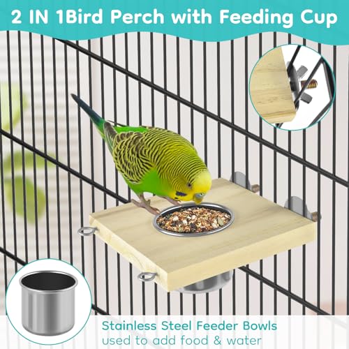 DBNESS 5in1 Bird Toys, Birdie Perches Platform Swing with Stainless Steel Feeding Cup Climbing Ladder, Wooden Play Gym for Cockatiels Lovebirds Budgies Pacific Parrotlets Finch Canaries - size: 5 in 1
