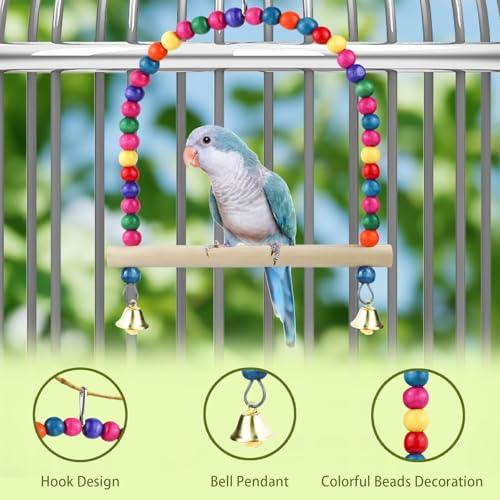 Wooden Bird Swing, 9 Inches Hanging Bird Cage Perches with Playing Bell, Natural Bird Chew Toys Boredom Breaker Bird Toys for Parakeets, Budgie, Cockatiel (Macaron Colors, L) - color: Macaron Colors
