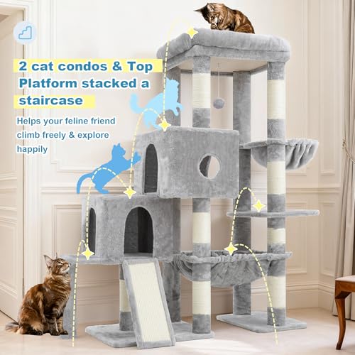 Hey-brother Cat Tree Tower with Plush Steped Condos, Big Platform, MPJ071W - color: Light Gray, size: 50 inches