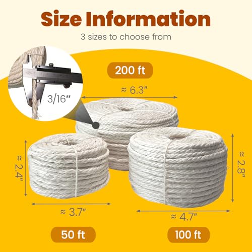 Natural Sisal Rope for Cat Tree and Scratching Post, 3/16 Inch x 100ft - size: 3/16'' x 100ft