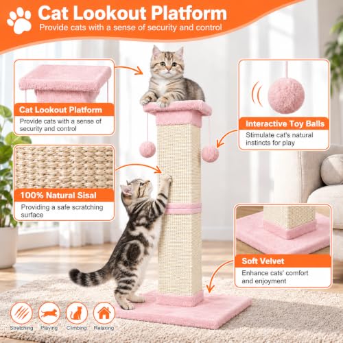 Cat Scratching Post 33 Inch Nature Sisal Cat Scratch Post for Indoor Cats, Large Cat Scratcher Protect Your Furniture Pink - color: Pink