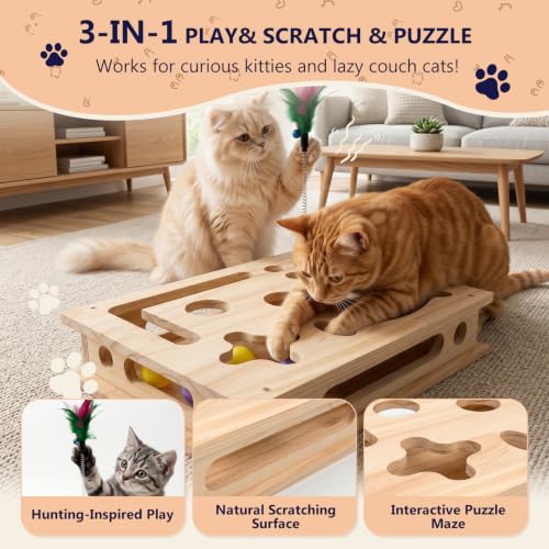 Wooden Cat Scratch Puzzle Enrichment Box,Interactive Cat Slow Feeder Maze Puzzle Toy,Durable Mental Stimulation Enrichment Toy.Relieve Boredom & Reduce Destructive Behaviors - style: Large 11.8×15.4IN