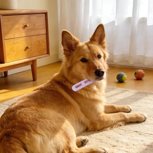 Sausage-Shaped Dog Chew Toy with Teeth Cleaning Bristles (Pink) - color: Pink