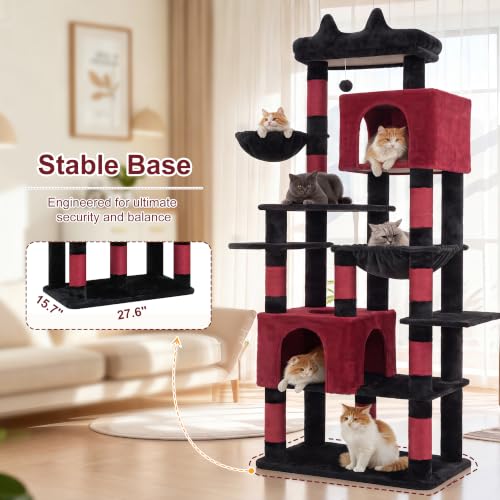 Heybly Cat Tree, 76-Inch Tall Heavy Duty Cat Tower for Big Cats HCT039BR - color: Black and Red, size: 76.8 inch