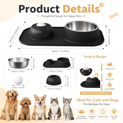 2-in-1 Dog Licking Bowl with Rolling Ball, Stainless Steel Dog Bowls & No-Spill Silicone Lick Mat for Dogs, Wet Dry Separation Dog Slow Feeder Puzzle Licking Toy for Dogs and Cats
