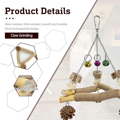 Bird Swing with 3 Bells & Natural Chew Toys – Triangular Perch Stand with Sisal Rope for Parakeets, Cockatiels, Lovebirds, Conures, Parrot – Stable Balance Trainer & Beak Care