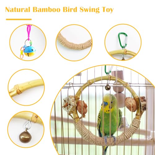 Circle Bird Swing with Bell,Bamboo Parakeet Rope Perches for Cage Ring Bird Swings Chewings Nuts Toys for Parrots Cockatiels Lovebirds Budgie - size: 【 Small Bell】