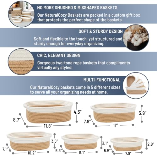 NaturalCozy 5-Piece Rectangle Storage Basket Set- Natural Cotton Rope Woven Baskets for Organizing! Small Basket for Montessori, Baby Nursery, Dog Toy Baskets, Cat Toy Box, Bathroom Organization Bin - color: Off White & Jute