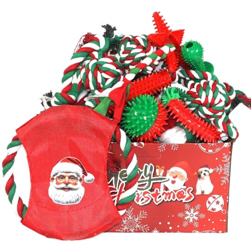 Christmas Dog Toys 15 Pack, Puppy Rubber Chew Toys with Rope Toys Set, Interactive Tough Christmas Gifts Box for Dogs, Training Playing Teething Busy Toys Bulk for Holiday Puppies Presents - color: Red