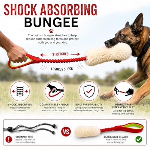 Sheepskin Dog Tug Toy with Bungee Handle – Genuine Sheepskin Training Toy for Dogs – Interactive Tug & Chase Toy for Recall, Agility & Obedience Training – 24" Long (Medium)