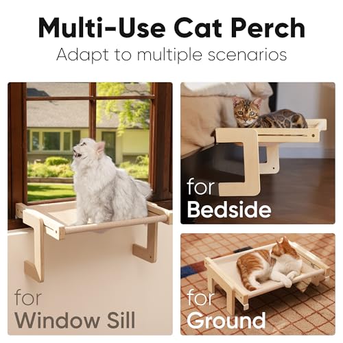 FUKUMARU Cat Window Perch, Sturdy Wood Hammock Window Bed for Indoor Cats - color: Beige