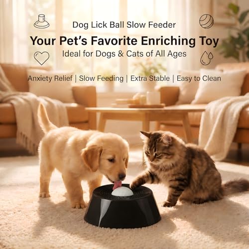 Dog Lick Ball Slow Feeder, Rolling Sphere Interactive Pet Toy with Suction Cups, Calming Slow Feeding Bowl for Liquid Treats & Peanut Butter, Anxiety Relief Licking Toy for Dogs & Cats（Black - color: Black