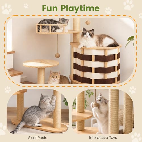 48 Inch Solid Wood Cat Tree, Modern Cat Tower for Indoor Cats, Chessboard Style Cat Condo with Guardrail Perch, Sisal Scratching Posts, Washable Cushion, Hanging Balls, Natural