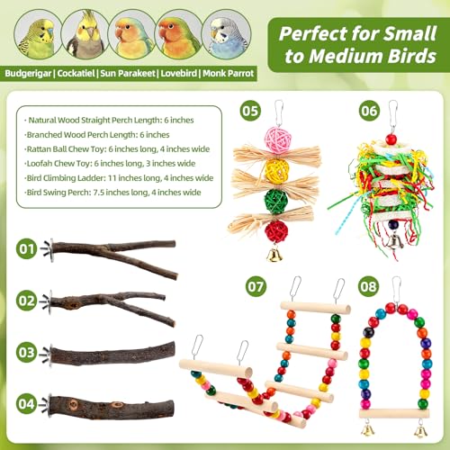 8 Pcs Natural Wood Bird Toys & Perches Set for Cages - size: Bird Toys & Perches Set