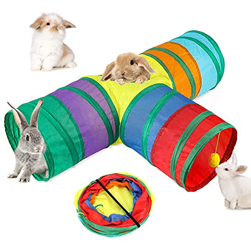 BWOGUE Bunny Tunnels & Tubes, 3-Way Collapsible Rabbit Hideout for Bunnies - color: Rainbow