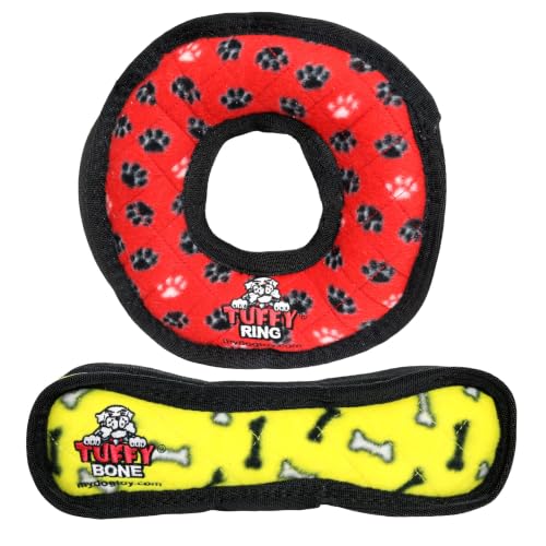 TUFFY® : 2 Pack Ring Bone Dog Toy: Ultra Durable Plush Toy with Multiple Layers & Reinforced Seams, Washable and Floats, Original Construction - color: 2PK Red Ring Yellow Bone
