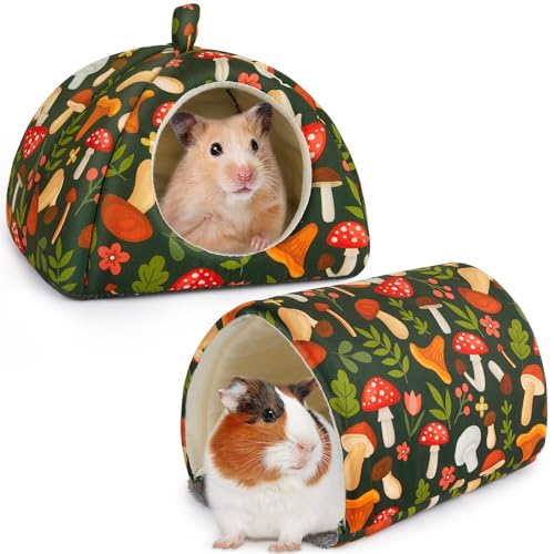 Bienbee Guinea Pig Hideout, 2 Piece Washable Set for Small Animals Small - color: Green Mushroom, size: Small(7.3"L x 7.3"W x 6.7"H)