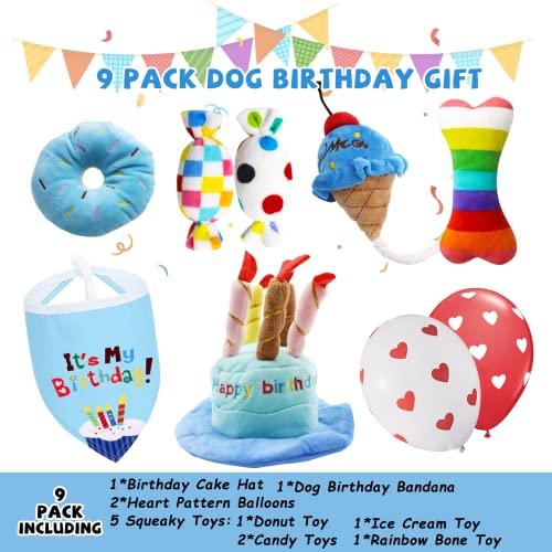 lilfrd 9Pcs Blue Dog Birthday Toy Set, Squeaky Hat Bandana Gift for Dogs - style: Blue Birthday Pack