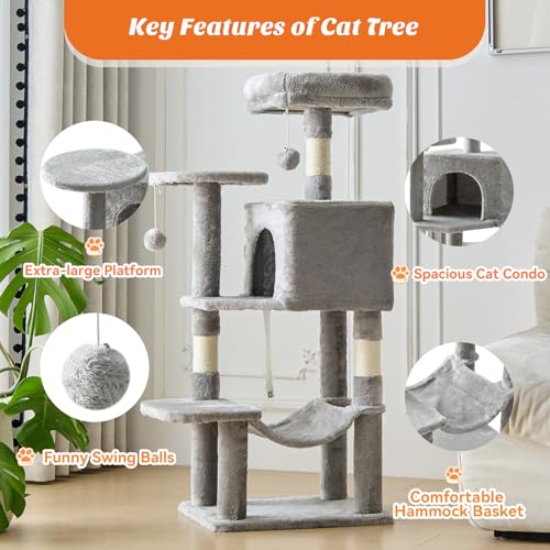 DUMOS 44 Inch Cat Tree Tower with Natural Sisal Scratching Posts - color: Light Grey, size: 44 Inch