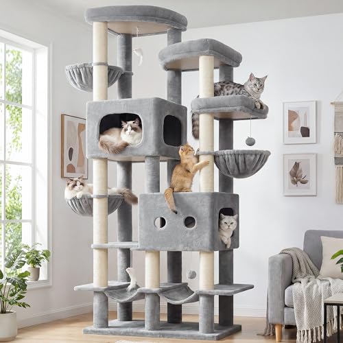 Globlazer 81in Multi-Level Larger Cat Tree Tower Condo Indoor Furniture Activity Center with Oversized Plush Cat Bed/Baskets/Full-Sisal Scratching Posts and Hammock/S81/Light Gray - color: Light Gray, size: 81 Inch