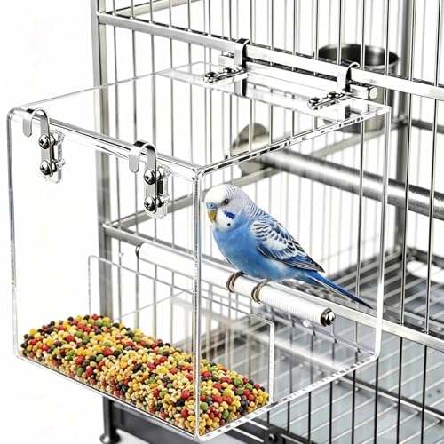 Hanging No Mess Bird Feeder for Cage, Transparent Acrylic Bird Feeder Cage - size: 5.1"L x 4.3"W x 5.1"H