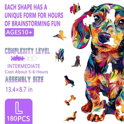Colorful Dachshund Wooden Puzzles for Adults 180 Pieces, L-13.4 * 8.7in - size: Large