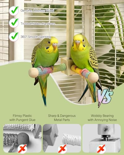 Pawfly Natural Wood Spinning Bird Standing Perch, 360 Degree Rotatable Chew Play Toy, Interactive Cage Accessory for Parakeets Cockatiels