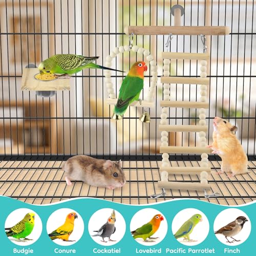 DBNESS 5in1 Bird Toys, Birdie Perches Platform Swing with Stainless Steel Feeding Cup Climbing Ladder, Wooden Play Gym for Cockatiels Lovebirds Budgies Pacific Parrotlets Finch Canaries - size: 5 in 1