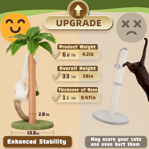 Meowoou Cat Scratching Post 33 Inch Tall Cat Scratcher for Indoor Cats Adults,Small Cat Tree Tower Sisal Rope Kitten Scratch with Interactive Hanging Ball (Pack of 2) - size: 33 in Green Post (Pack of 2)