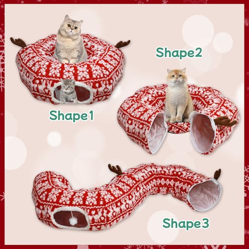 Cat Tunnel Christmas Tree Skirt, Multifunctional Christmas Tree Protector Washable Indoor Cat Donut Cave Bed with Interactive Toys Kitty Hideout Tubes for Small Animal,32"×10", (Plush, Reindeer) - color: Plush, Reindeer