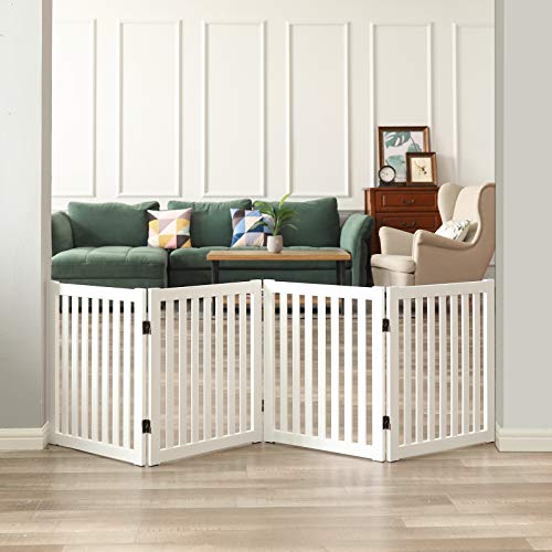 WELLAND Wooden Freestanding Dog Gate, Expandable Dog Gate, Indoor Pet Fence - color: White, size: 4 Panel 80" Wide