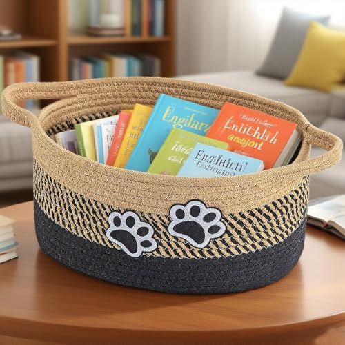 Small Woven Cotton Rope Nursery Organizer Bins, Dog Toy Basket Bins with Handle, Cute Empty Pet Gift Storage Baskets with Paw - color: Khaki-Black