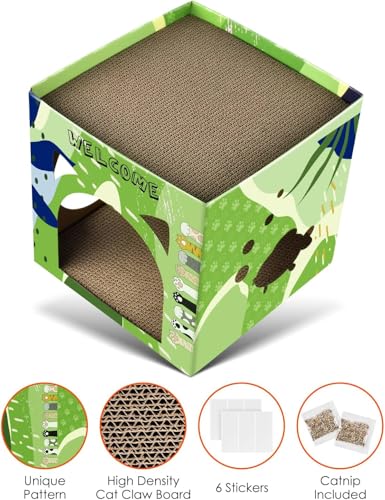 Bissap Cat Cardboard House, Large Thickened Play House with 2 Story Scratch Pads Bed Scratching Lounge for Indoor Cats Kittens Breathable Cube Shelter Corrugated Scratcher Box Toy - style: 1 PCS